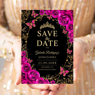 Fuchsia Pink Black Gold Quinceanera Floral Save The Date