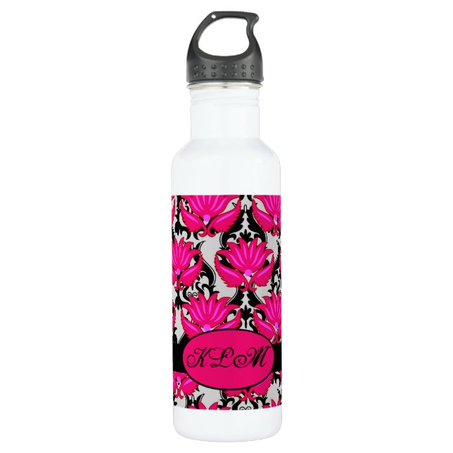 Fuchsia Pink Black Grey Parisian Damask Monogram 710 Ml Water Bottle (Front)