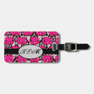 Fuchsia Pink Black Grey Parisian Damask Monogram Luggage Tag