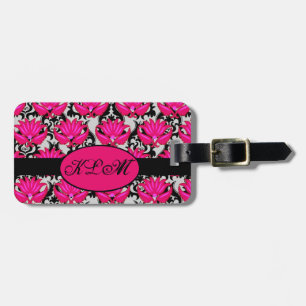 Fuchsia Pink Black Grey Parisian Damask Monogram Luggage Tag