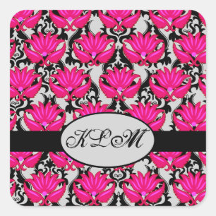 Fuchsia Pink Black Grey Parisian Damask Monogram Square Sticker