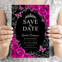 Fuchsia Pink Black Silver Quinceanera Floral