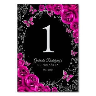 Fuchsia Pink Black Silver Quinceanera Table Number