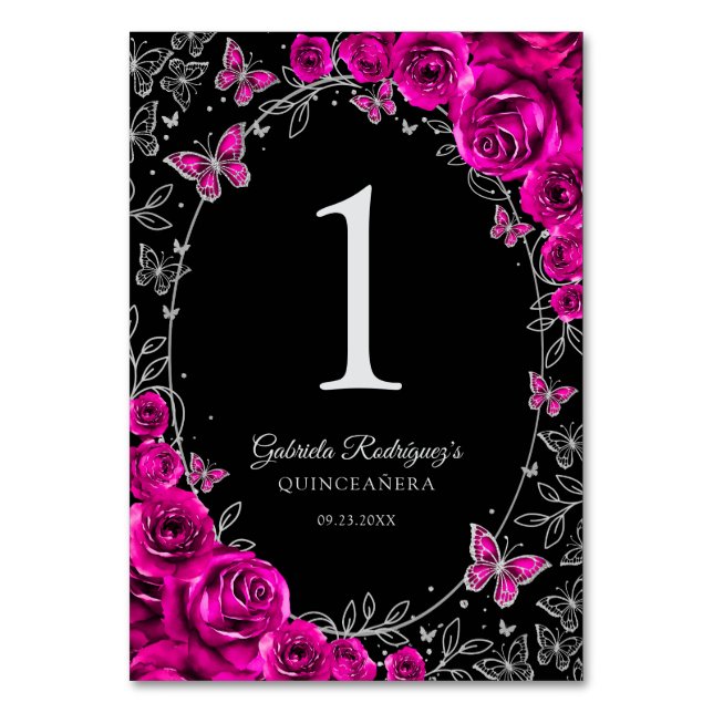 Fuchsia Pink Black Silver Quinceanera Table Number (Front)