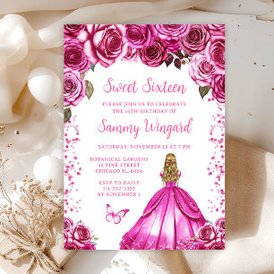 Fuchsia Pink Blonde Hair Princess Sweet Sixteen Invitation