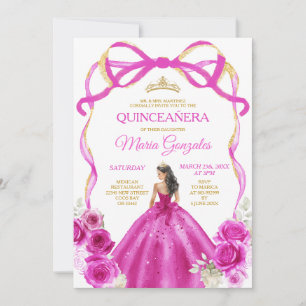 Fuchsia Pink Bow Princess Gold Crown Quinceañera Invitation