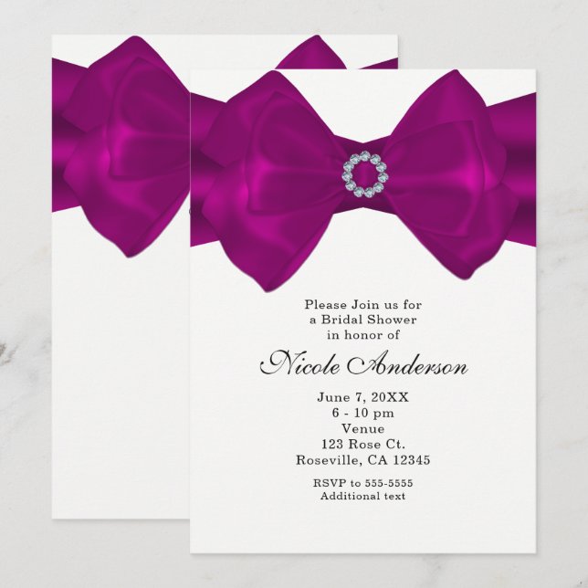 Fuchsia Pink Bow Ribbon & Diamonds Glam Invitation (Front/Back)