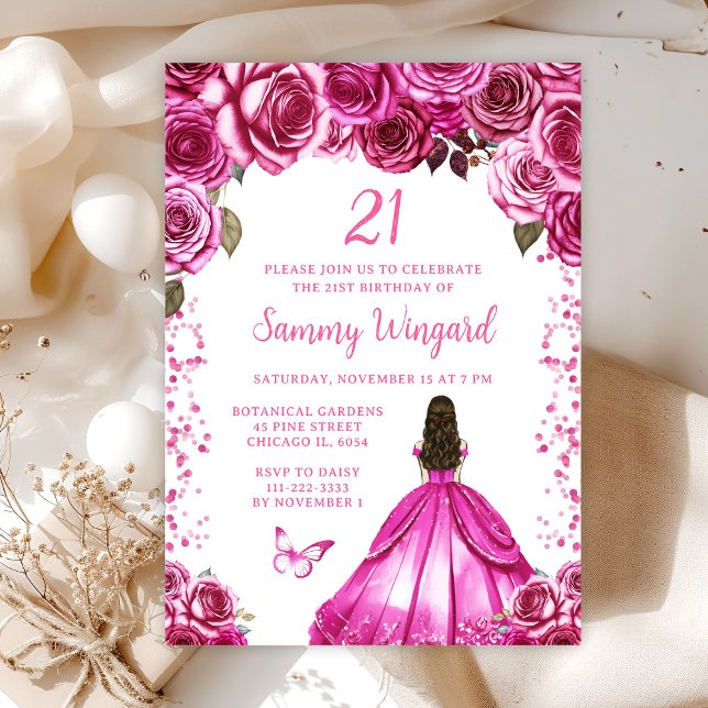Fuchsia Pink Brown Hair Princess Birthday Party Invitation (Creator Uploaded)