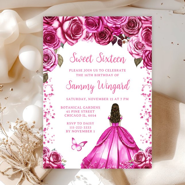 Fuchsia Pink Brown Hair Princess Sweet Sixteen Invitation (Creator Uploaded)