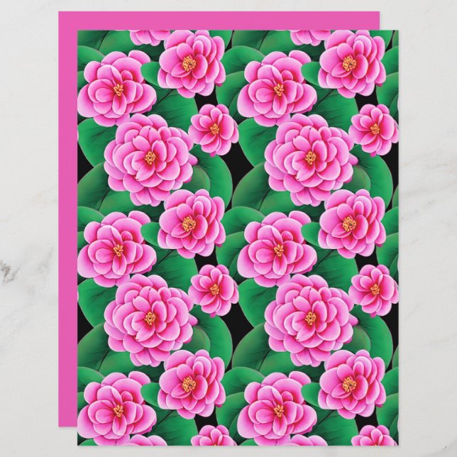 Fuchsia Pink Camellias and Jade Green Leaves (Front/Back)