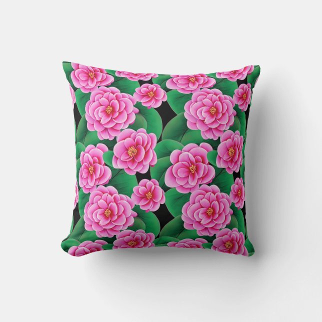 Fuchsia Pink Camellias and Jade Green Leaves Cushion (Front)