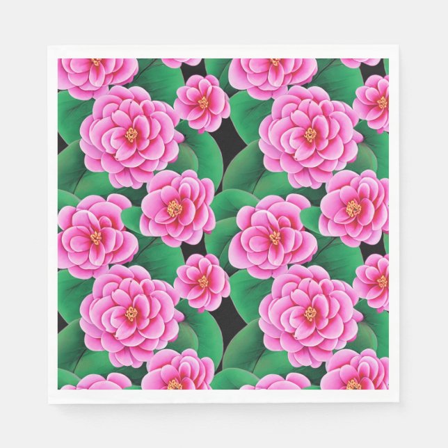 Fuchsia Pink Camellias and Jade Green Leaves Napkin (Front)