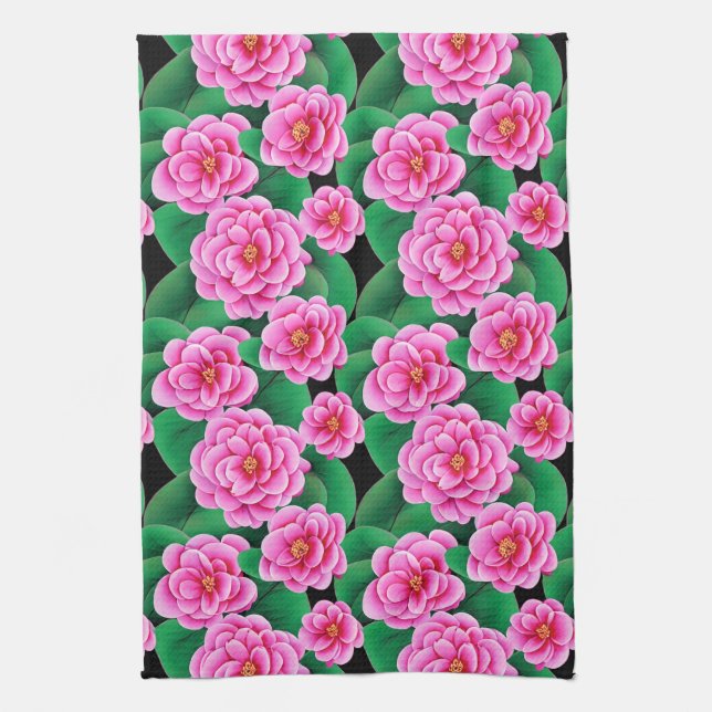 Fuchsia Pink Camellias and Jade Green Leaves Tea Towel (Vertical)