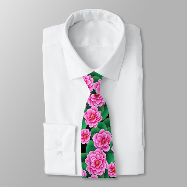 Fuchsia Pink Camellias and Jade Green Leaves Tie (Tied)