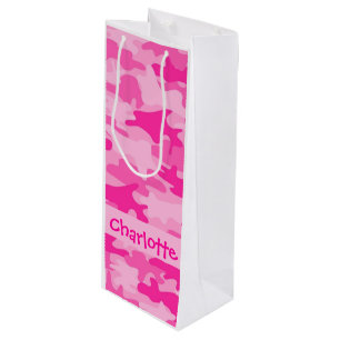 Fuchsia Pink Camouflage Name Personalised Wine Gift Bag