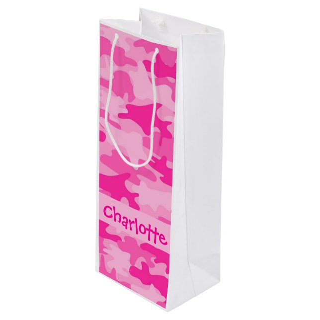 Fuchsia Pink Camouflage Name Personalised Wine Gift Bag (Front Angled)