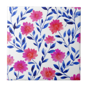 Fuchsia Pink Chic Spring Flowers Watercolor Floral Tile