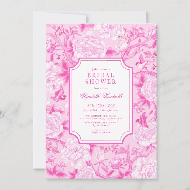 Fuchsia Pink Chinoiserie Floral Bridal Shower Invitation (Front)
