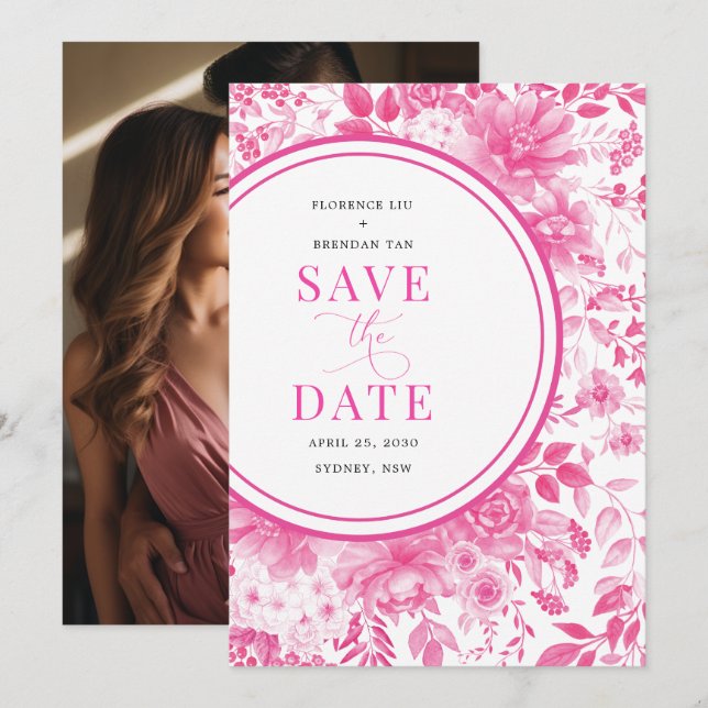 Fuchsia Pink Chinoiserie Wedding Save the Date Invitation (Front/Back)