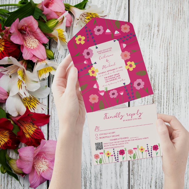 Fuchsia Pink Colourful Bold & Bright Floral Weddin All In One Invitation (Creator Uploaded)