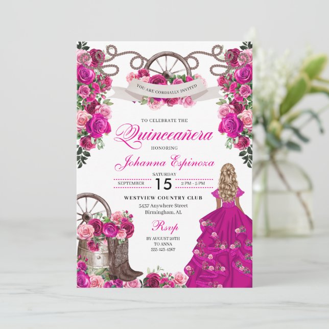 Fuchsia Pink Cowgirl Western Charro Quinceanera Invitation (Standing Front)