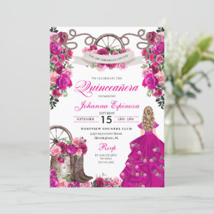 Fuchsia Pink Cowgirl Western Charro Quinceanera Invitation