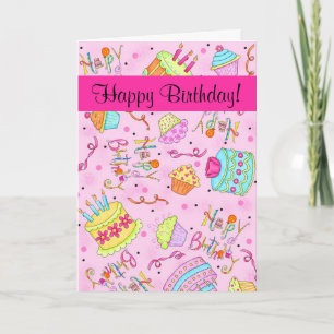 Fuchsia Pink Cupcakes /Cake Custom Happy Birthday Card