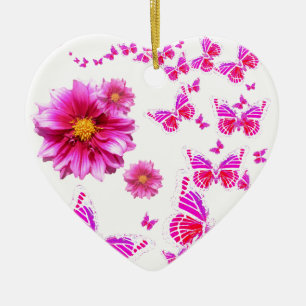 Fuchsia Pink Dahlia's & Butterflies white Pattern Ceramic Tree Decoration