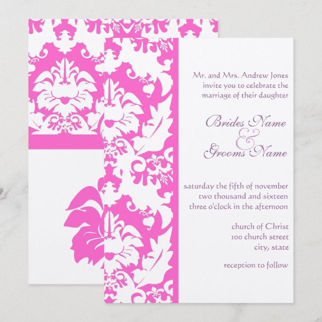 Fuchsia Pink Damask Wedding Invitations (Front/Back)