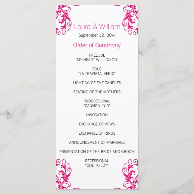 Fuchsia Pink Damask Wedding Program Programme (Front)