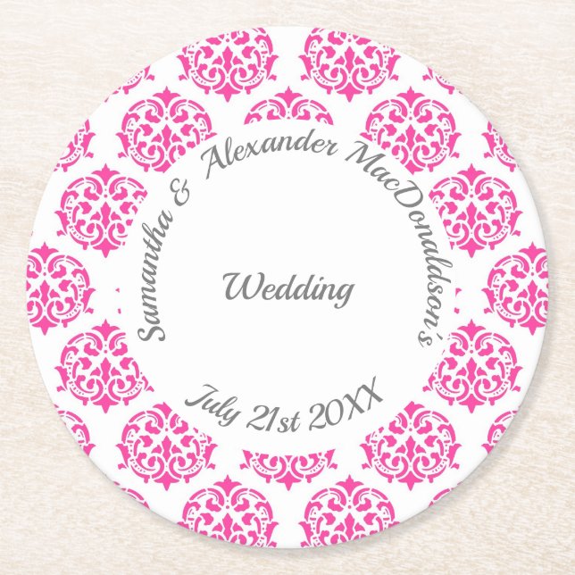 Fuchsia pink damask wedding round paper coaster (Front)