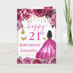 Fuchsia Pink Dress Dark Skin Princess Birthday Card