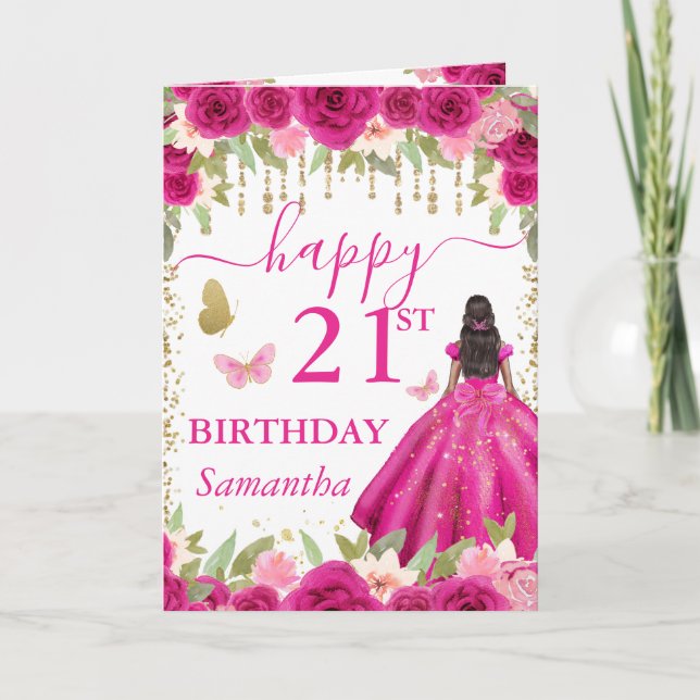 Fuchsia Pink Dress Dark Skin Princess Birthday Card (Front)