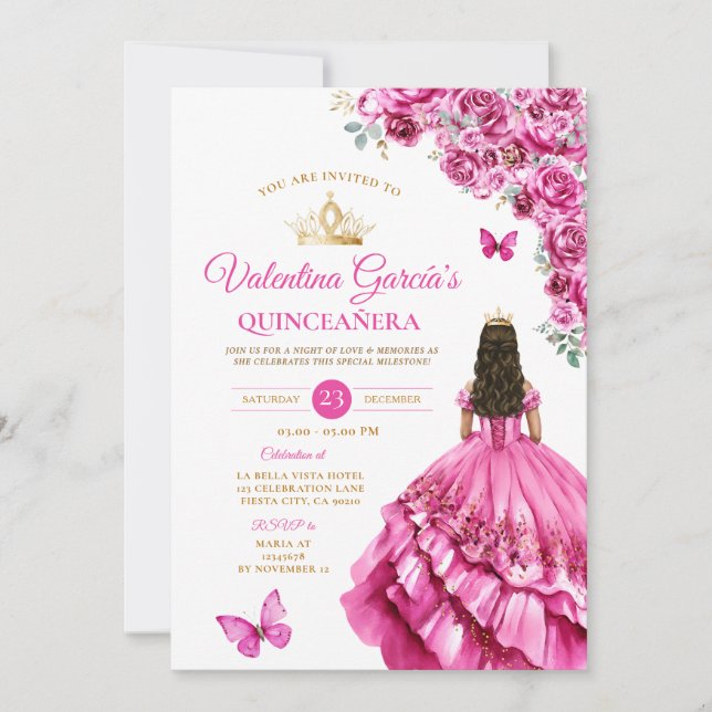 Fuchsia Pink Dress Quinceañera 15 Anos Floral Gold Invitation (Front)