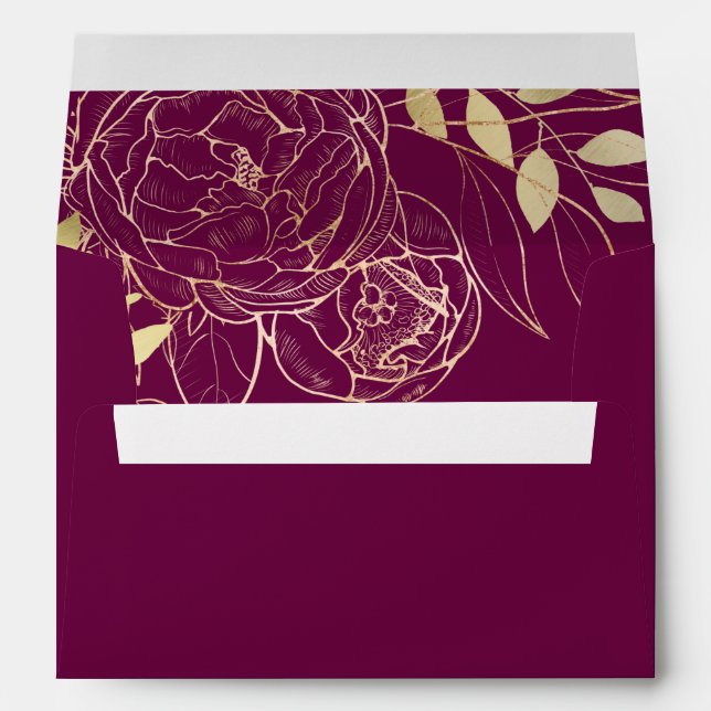 Fuchsia Pink & Faux Gold Modern Floral Wedding Envelope (Back (Bottom))