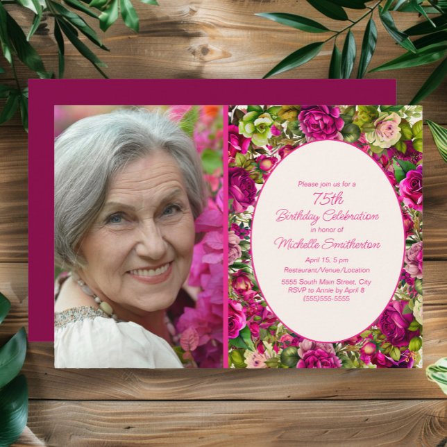 Fuchsia Pink Floral 75th Birthday Photo Invitation (Fuchsia/pink 75th birthday party photo invitation)