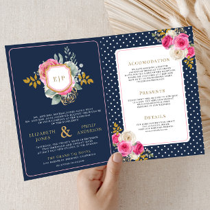 Fuchsia Pink Floral All in One Crest Navy Wedding Invitation