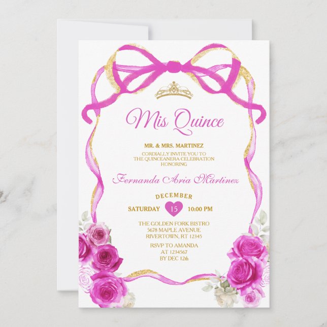 Fuchsia Pink Floral Bow Ribbon Gold Mis Quince Invitation (Front)