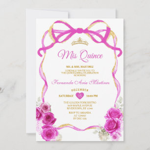 Fuchsia Pink Floral Bow Ribbon Gold Mis Quince Invitation