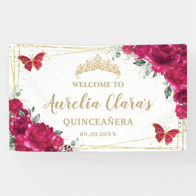 Fuchsia Pink Floral Butterflies Welcome Backdrop Banner (Horizontal)