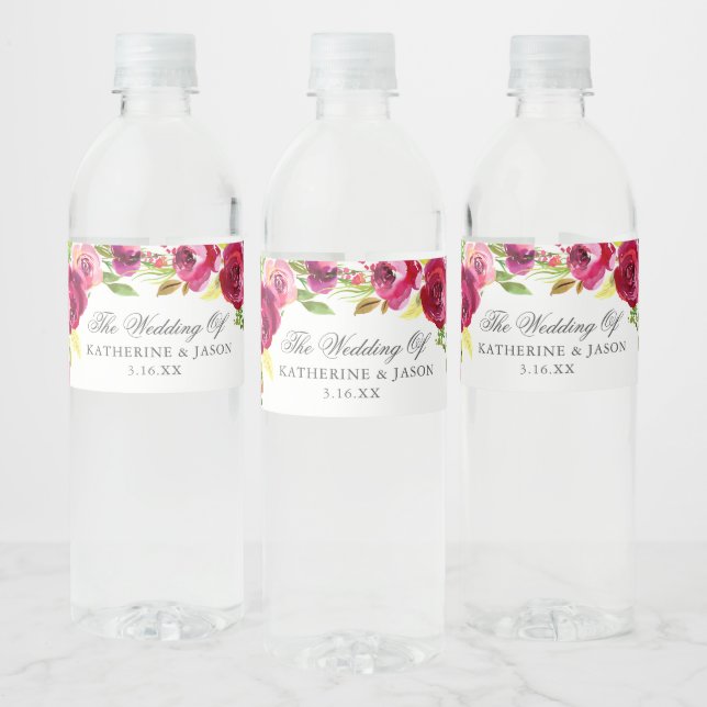 Fuchsia Pink Floral Chic Personalised Wedding Water Bottle Label (Bottles)
