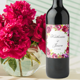 Fuchsia Pink Floral Chic Personalised Wedding Wine Label