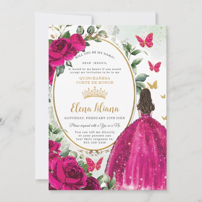 Fuchsia Pink Floral Dress Quinceañera Dama Request Invitation (Front)