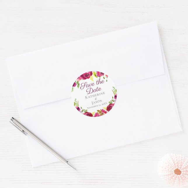 Fuchsia Pink Floral Garden Save the Date Classic Round Sticker (Envelope)