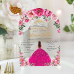 Fuchsia Pink Floral Gold Quinceanera XV Sweet 16 Acrylic Invitations<br><div class="desc">Personalise this pretty floral Quinceañera / Sweet 16 birthday acrylic invitation easily and quickly. Simply click the Edit Using Design Tools button to further edit the text, change font styles and font colours. Featuring a girl dressed in a vibrant fuchsia pink dress, a combination of pretty fuchsia pink and light...</div>