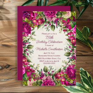 Fuchsia Pink Floral Green Leaves 75th Birthday  Invitation