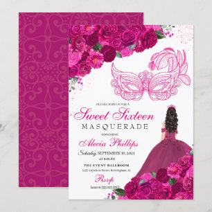 Fuchsia Pink Floral Masquerade Sweet 16 Invitation