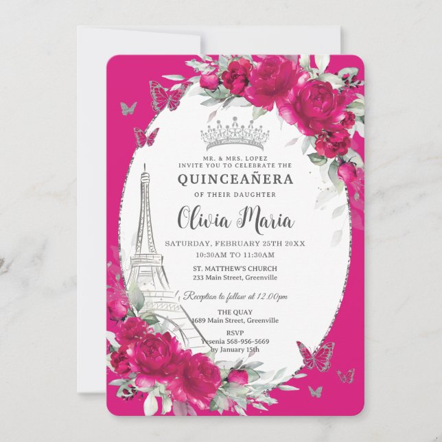 Fuchsia Pink Floral Paris Butterflies Quinceañera Invitation (Front)