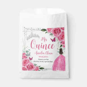Fuchsia Pink Floral Princess Silver Quinceañera 15 Favour Bags