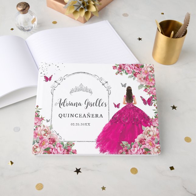 Fuchsia Pink Floral Princess Silver Quinceanera  Guest Book (Front Open)